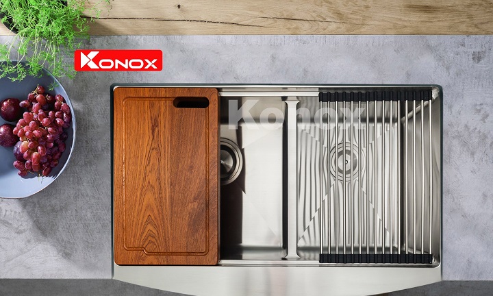 Chậu rửa Konox tích hợp thớt gỗ và giá inox